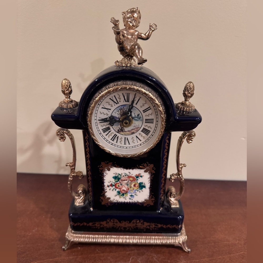 A Vintage French Cobalt Blue Porcelain Mantel Clock